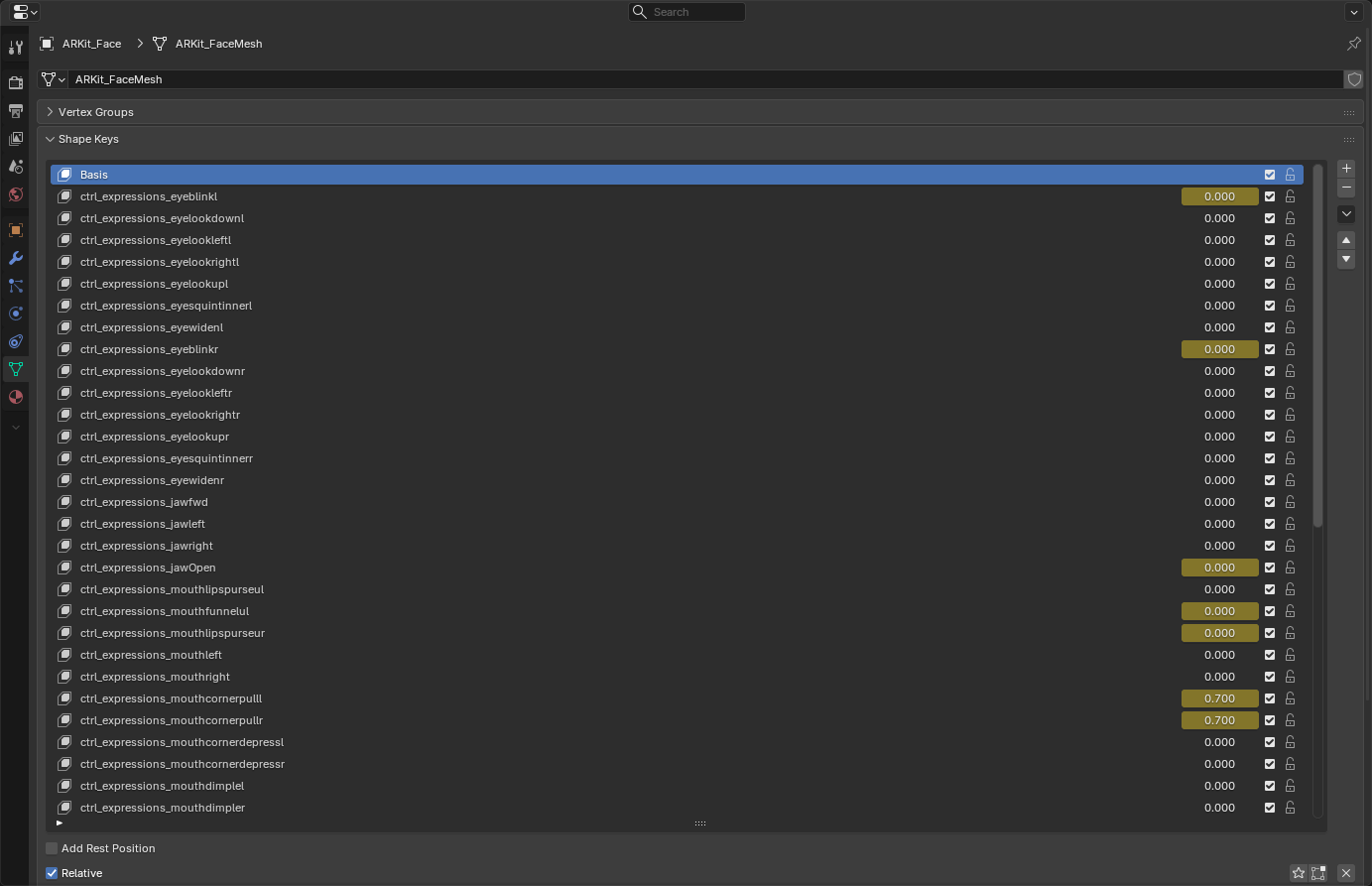 The same shape keys renamed to MetaHuman Live Link curves after the rename